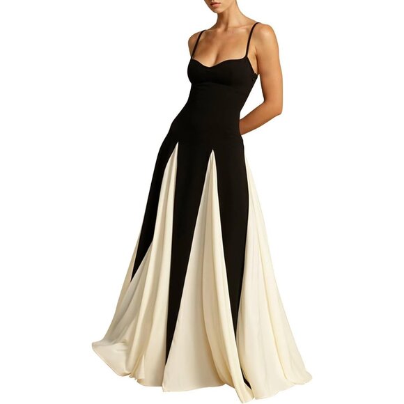 Women Spaghetti Straps Satin Maxi Dress Party Wedding Guest Black White - Picture 1 of 8